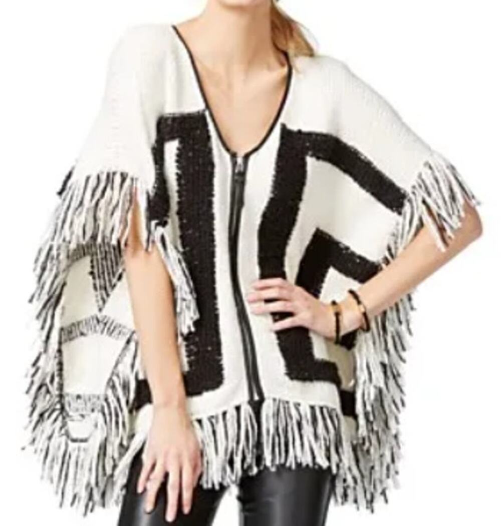 INC International Concepts Boho Chic Geometric Fringe Knit Poncho Zip Up Sweater